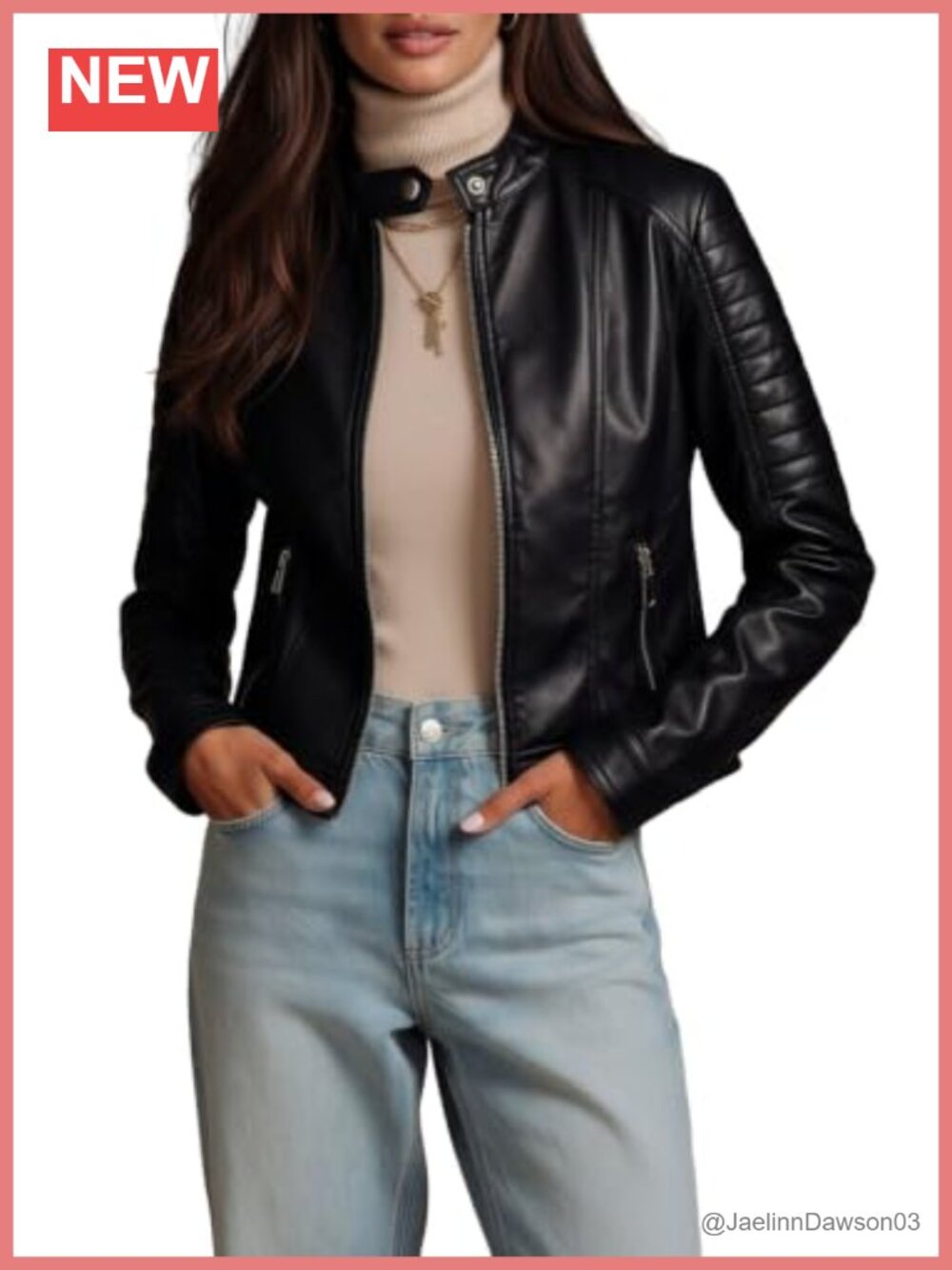 Faux Leather Moto Jacket Stand Collar Zip Cropped Slim Fit